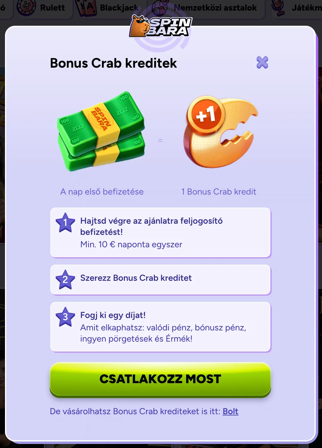 Bonus Crab kreditek – Napi első befizetés után járó jutalom