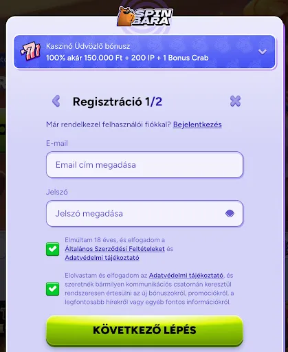 SpinBara regisztrációs űrlap – 100% kaszinó bónusz 150.000 Ft-ig + 200 ingyenes pörgetés + 1 Bonus Crab