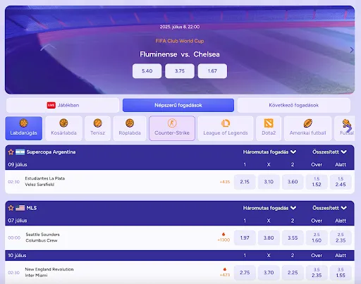 SpinBara sportfogadások – Fluminense vs. Chelsea mérkőzés odds-okkal, népszerű fogadási lehetőségek, élő események és különböző sportágak választéka