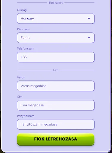 SpinBara regisztráció – telefonszám és lakcím megadása: ország, pénznem, város, cím, irányítószám